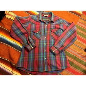VTG Five Brothers Dakota Red Purple Plaid Snap Flannel Shirt Sz. XL USA